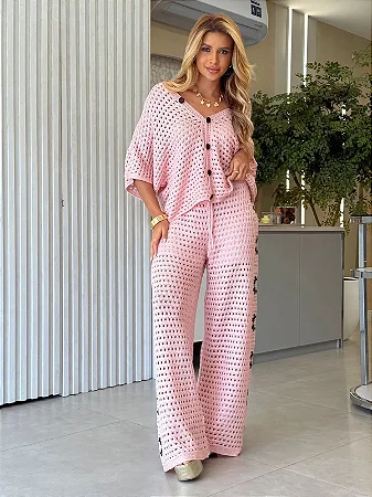 Conjunto de Crochê Bordado Rosa