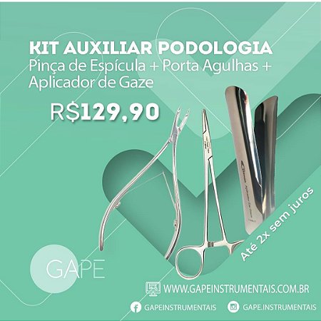 Kit Auxiliar de Podologia - 3 Peças - Pinça de Espícula + Porta Agulhas + Aplicador de Gaze