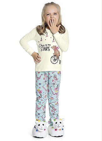 Pijama Menina Blusa Manga Longa e Calça com Punho Estampada