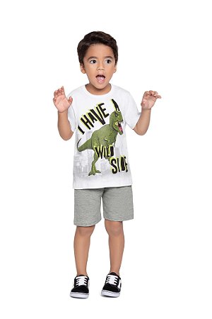 Conjunto Masculino Bebê Camiseta 1/2 Malha Dinossauro e Bermuda Moletinho