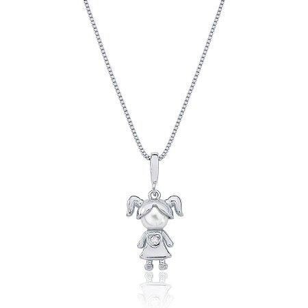 Colar menina com pérola e zircônia (ródio branco)