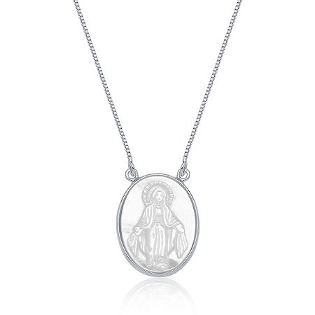 Colar Nossa Senhora das Graças em madrepérola pequeno (ródio branco)