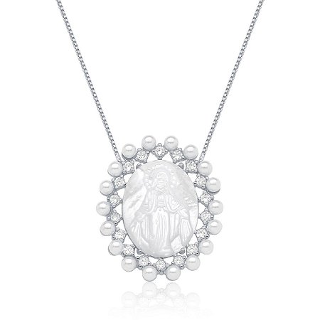 Colar Nossa Senhora das Graças em madrepérola, com pérolas e zircônias (ródio branco)