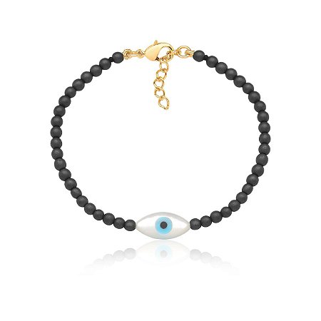 Pulseira de hematita com olho grego em madrepérola
