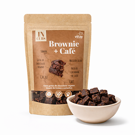 Snacks IN CUBS - Brownie com Café e gotas de chocolate vegano - cubinhos de frutas- GRANEL