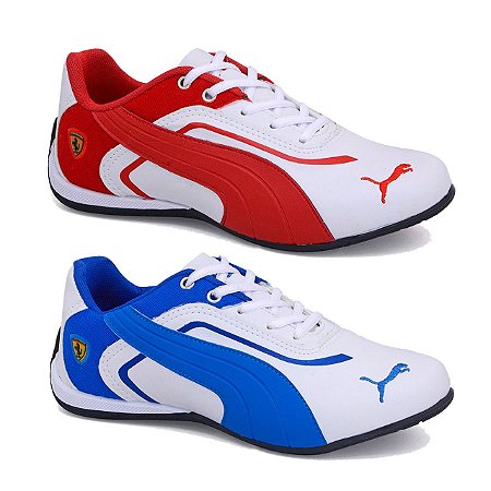 Kit 2 Tênis Puma Ferrari Branco e Vermelho + Branco e Azul - Damaster Shoes