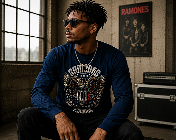 Camiseta Manga Longa Ramones Long 018 Stamp Rock Wear