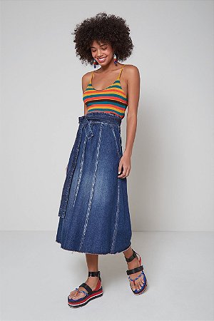 saia jeans com faixa lateral