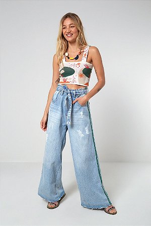 calça jeans com elastico na lateral