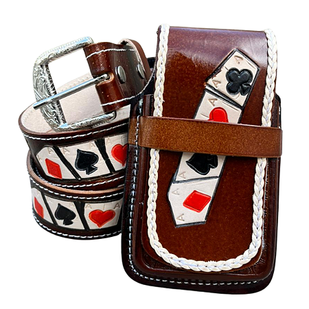 Kit Cinto E Bainha De Couro Marrom Country Cartas Baralho