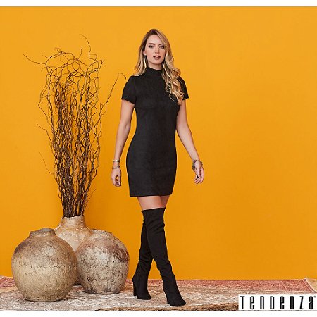 Vestido Tendenza Manga Curta em Suede - Empório da Moda