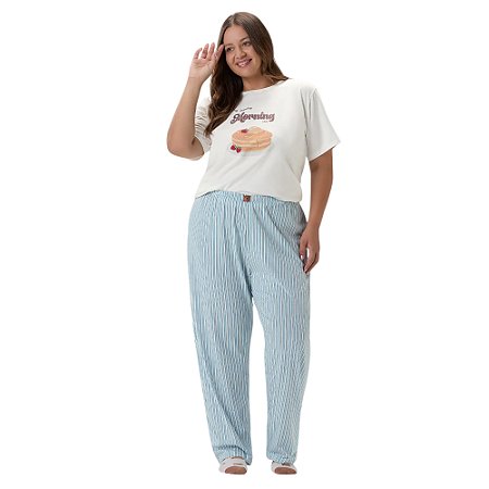Pijama Cor Com Amor Manga Curta e Calça Plus