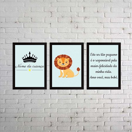 Kit 03 Quadros de leão com fundo azul