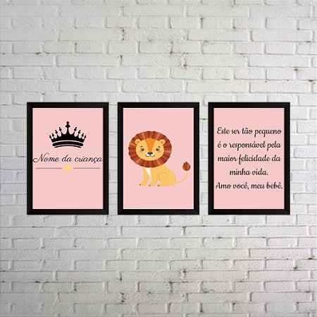Kit 03 Quadros de leão com fundo rosa