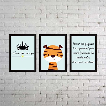 Kit 03 Quadros de tigre com fundo azul
