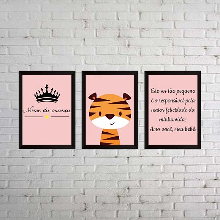 Kit 03 Quadros de tigre com fundo rosa