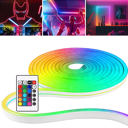 Fita De Silicone Led Neon Rgb 16 Cores 5m 12v Com Controle