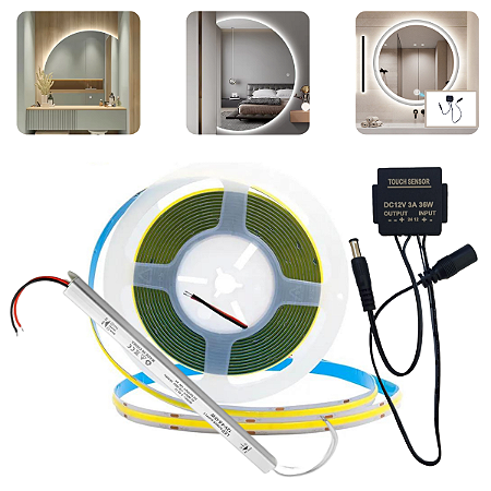 Fita Led Cob 5m 12v 320 Leds/m + Botão Espelho Touch + Fonte