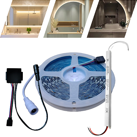 Fita Led 12v + Botão Espelho Touch 3 Cores De Luzes + Fonte
