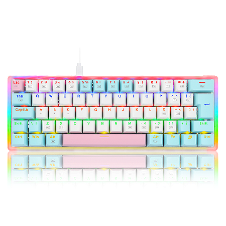 TECLADO MECÂNICO GAMER AKALI KEYCAPS ROSA, BRANCO E AZUL RAINBOW SWITCH MARROM