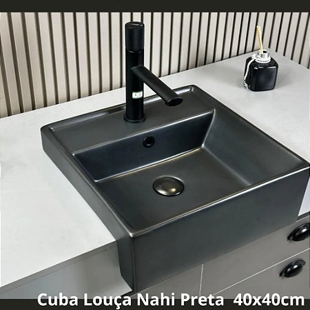 Cuba Nahi 40x40 Preta Fosca Inowar Semi-Encaixe c/ Válvula Design Premium para Banheiro Lavabo