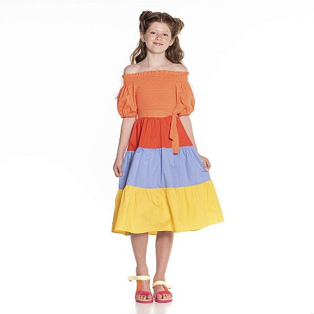 Vestido Midi Color Block Laranja Mylu