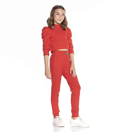 Conjunto Calça E Blusa Gola Alta Malha Canelada Vermelho Mylu