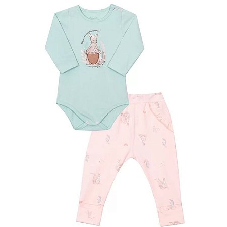 Conjunto Fem Body Ml Estampa Ganguru E Calça Rosa- Nini & Bambini