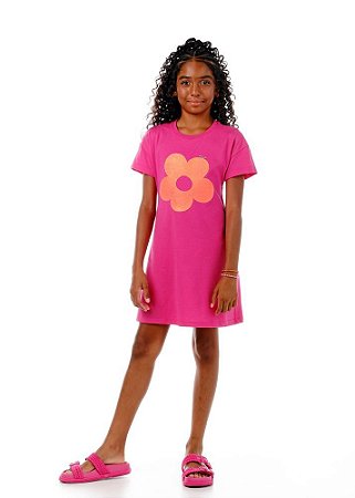 Vestido Infantil T-Shirt Rosa com Flor -  Mylu