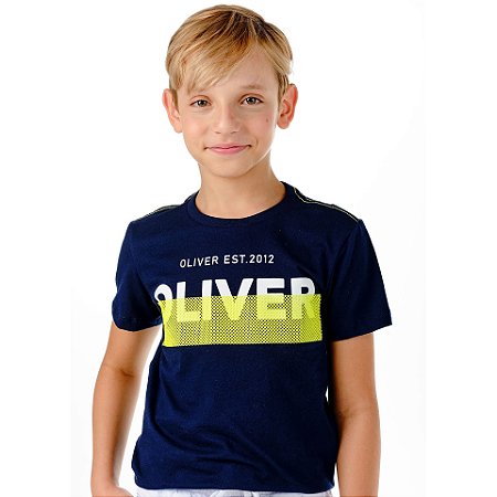 T-Shirt de Malha Masc Azul Marinho com Silk Lettering - Oliver