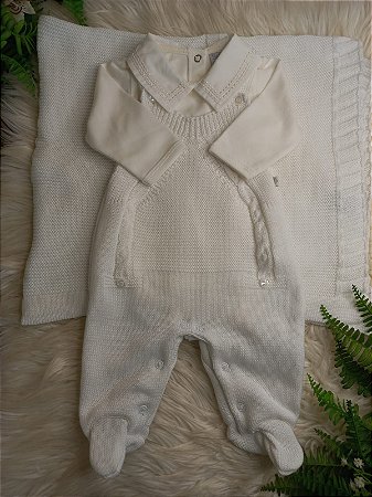 Saída Maternidade Masc Jardineira Tricot Bento Suedine Off White  - Beth Bebê