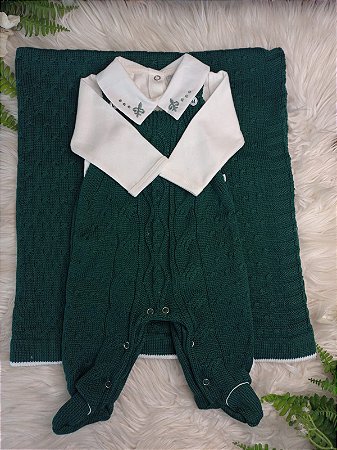 Saída Maternidade Masc Jardineira Tricot Joaquim Suedine Verde Armani RN - Beth Bebê