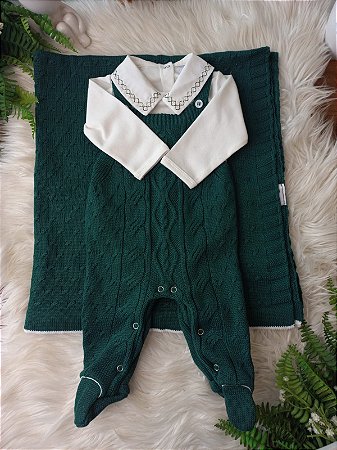Saída Maternidade Masc Jardineira Tricot Joaquim Suedine Verde Armani P - Beth Bebê