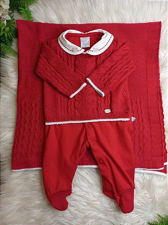 Saída Maternidade Masc Tricot Feliz Suedine Vermelho - Beth Bebê