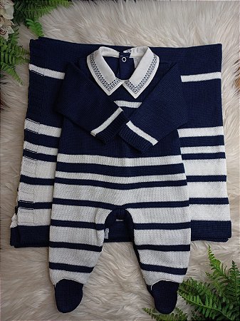 Saída Maternidade Masc Tricot Samuel Suedine Azul Marinho P - Beth Bebê