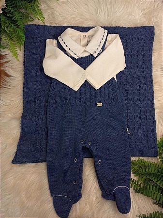 Saída Maternidade Masc Jardineira Tricot Pedro Suedine Jeans P - Beth Bebê