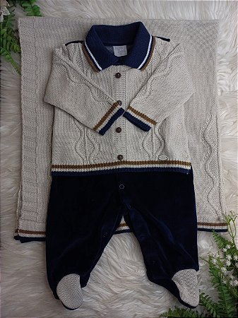 Saída Maternidade Masc Tricot Vinicius Plush Areia P - Beth Bebê