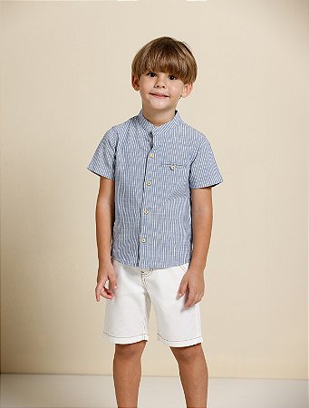 Conjunto Masc Camisa Social MC Listrada e Bermuda Sarja New Year- Banana Danger