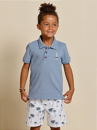 Conjunto Masc Infantil de Polo Azul e Bermuda de Microfibra Island - Banana Danger
