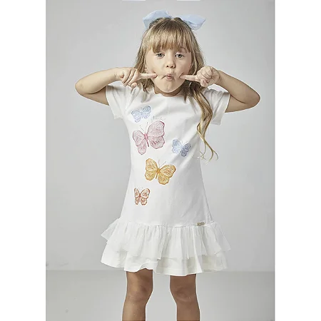 Vestido Infantil Rodado com Borboletas e Strass - Luluzinha