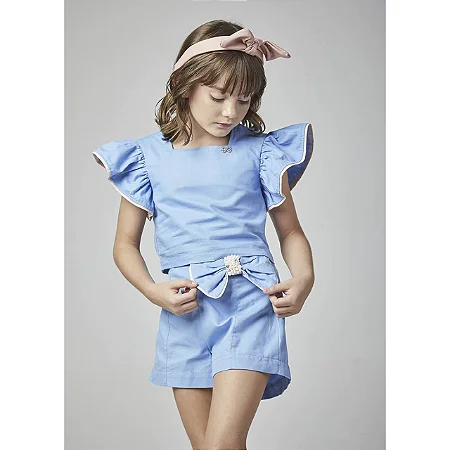 Conjunto Fem Blusa C/ Mangas de Babados e Short com Laço e Pérolas - Luluzinha