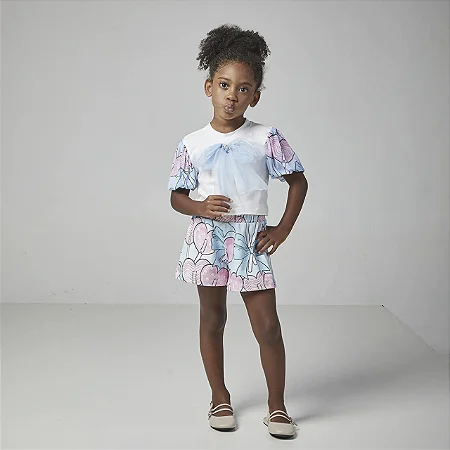 Conjunto Fem Blusa com Laço Azul e Short Estampado - Luluzinha