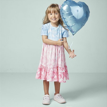 Vestido Infantil Mangas com Babados Azul e Rosa Corações- Luluzinha