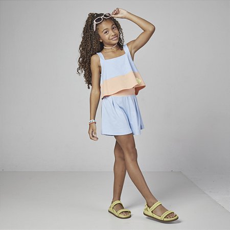Conjunto Fem Infantil Cropped e Short Azul e Laranja - Mylu