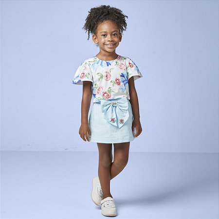 Conjunto Fem Blusa com Flores e Short Azul com Laço - Luluzinha