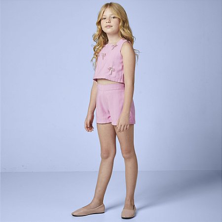 Conjunto Fem Rosa Blusa com Bordado e Short - Luluzinha