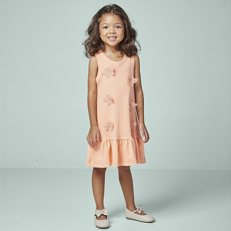 Vestido Tecido Canelado C/ Aplicações de Borboletas Laranja- Luluzinha