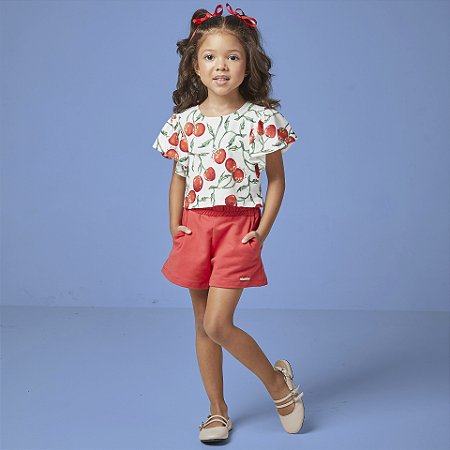 Conjunto Fem Blusa Cerejinhas e Short Vermelho - Luluzinha