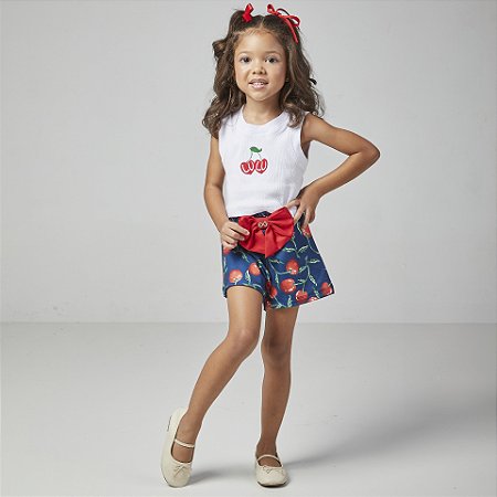 Conjunto Fem Infantil Cropped e Short Estampa Cerejas - Luluzinha