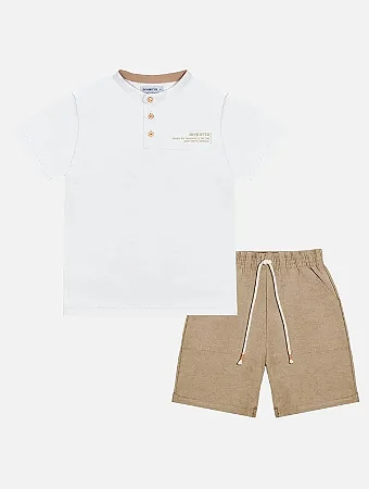 Conjunto Masc Camiseta Branca e Bermuda Marrom C/ Bolsos - Divertto